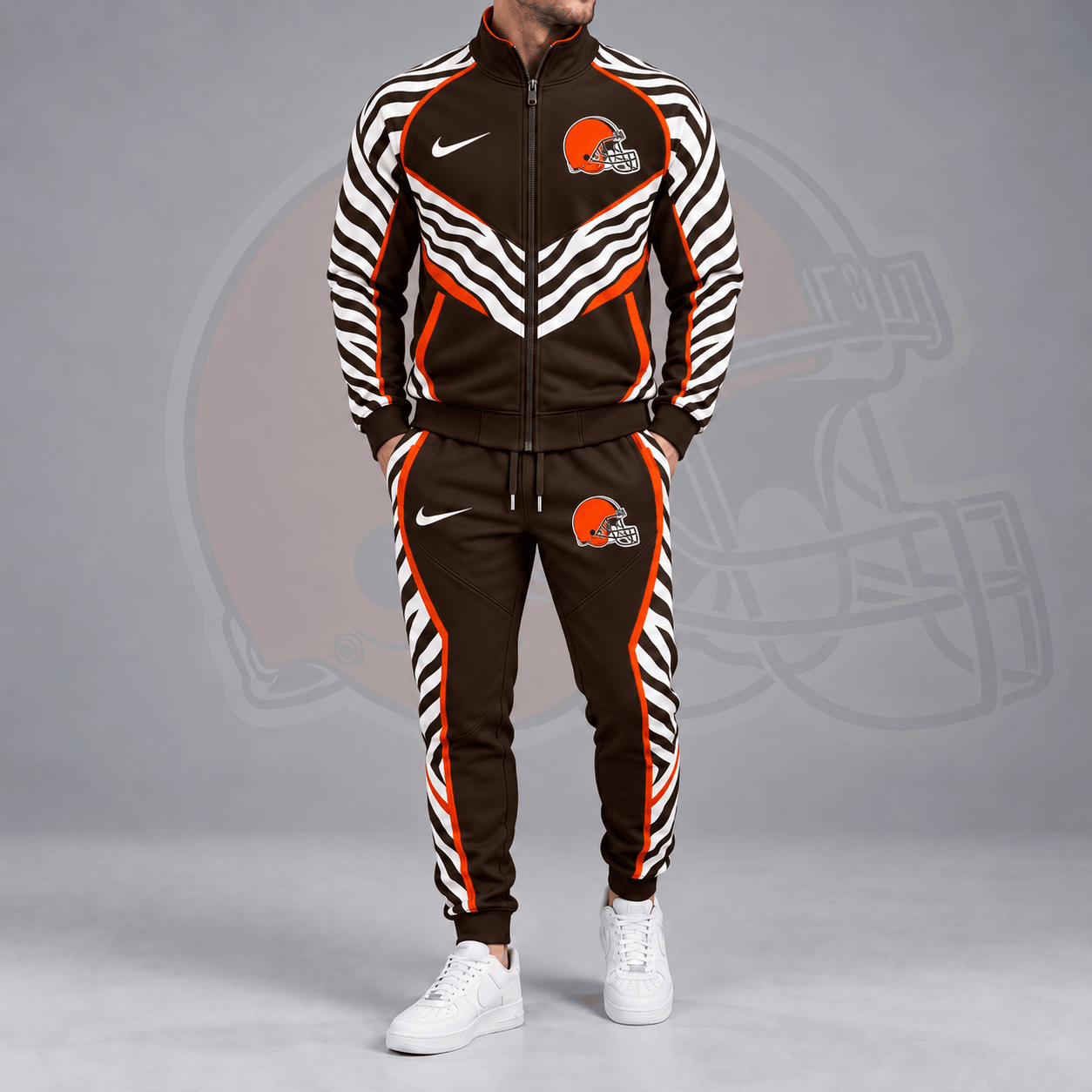 Cleveland Browns | Premium NFL Dynamic Tiger Stripe Print Full Zip Track Jacket & Matching Jogger Pants Set NDN cover