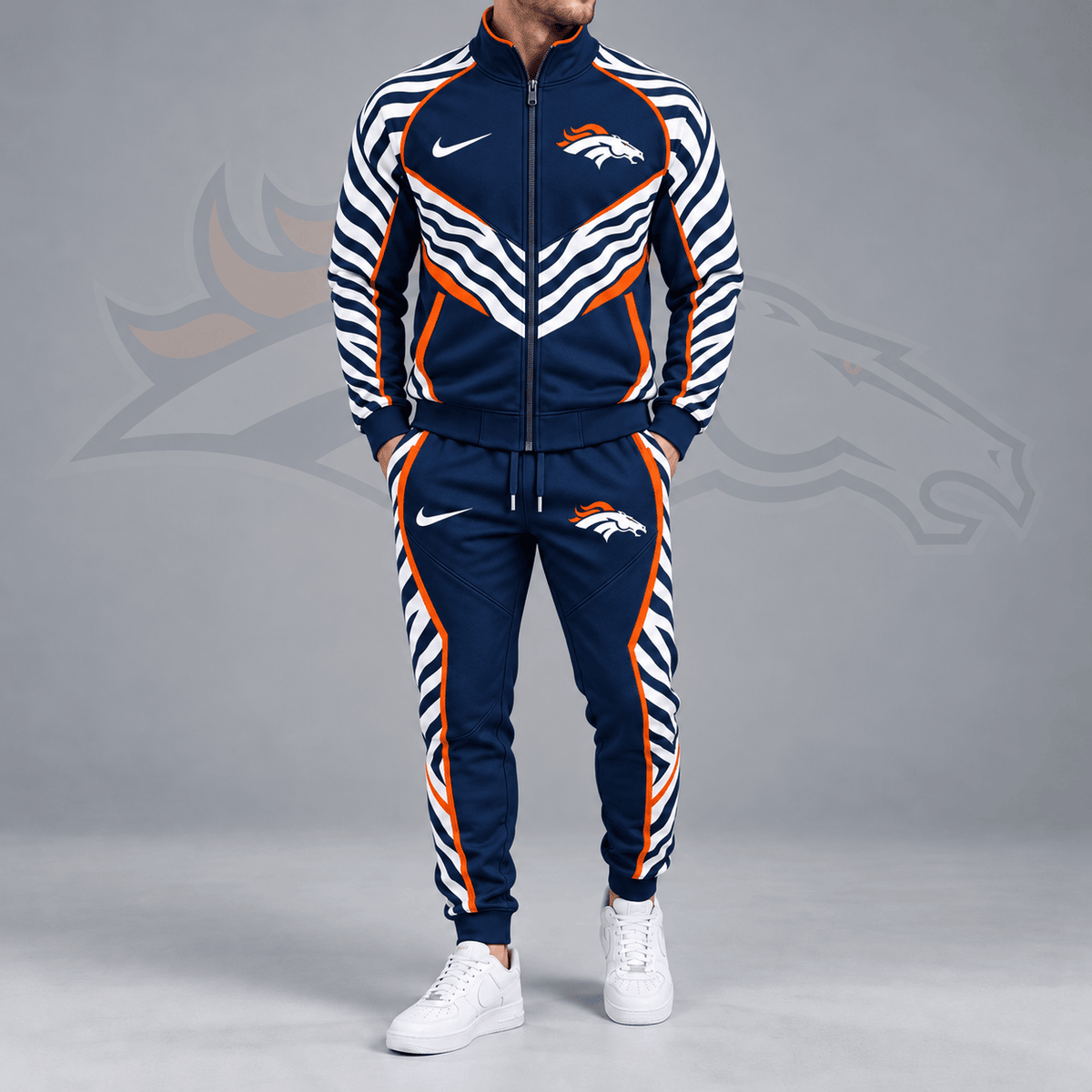Denver Broncos | Premium NFL Dynamic Tiger Stripe Print Full Zip Track Jacket & Matching Jogger Pants Set NDN cover