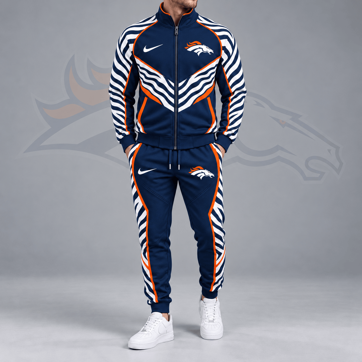 Denver Broncos | Premium NFL Dynamic Tiger Stripe Print Full Zip Track Jacket & Matching Jogger Pants Set NDN cover