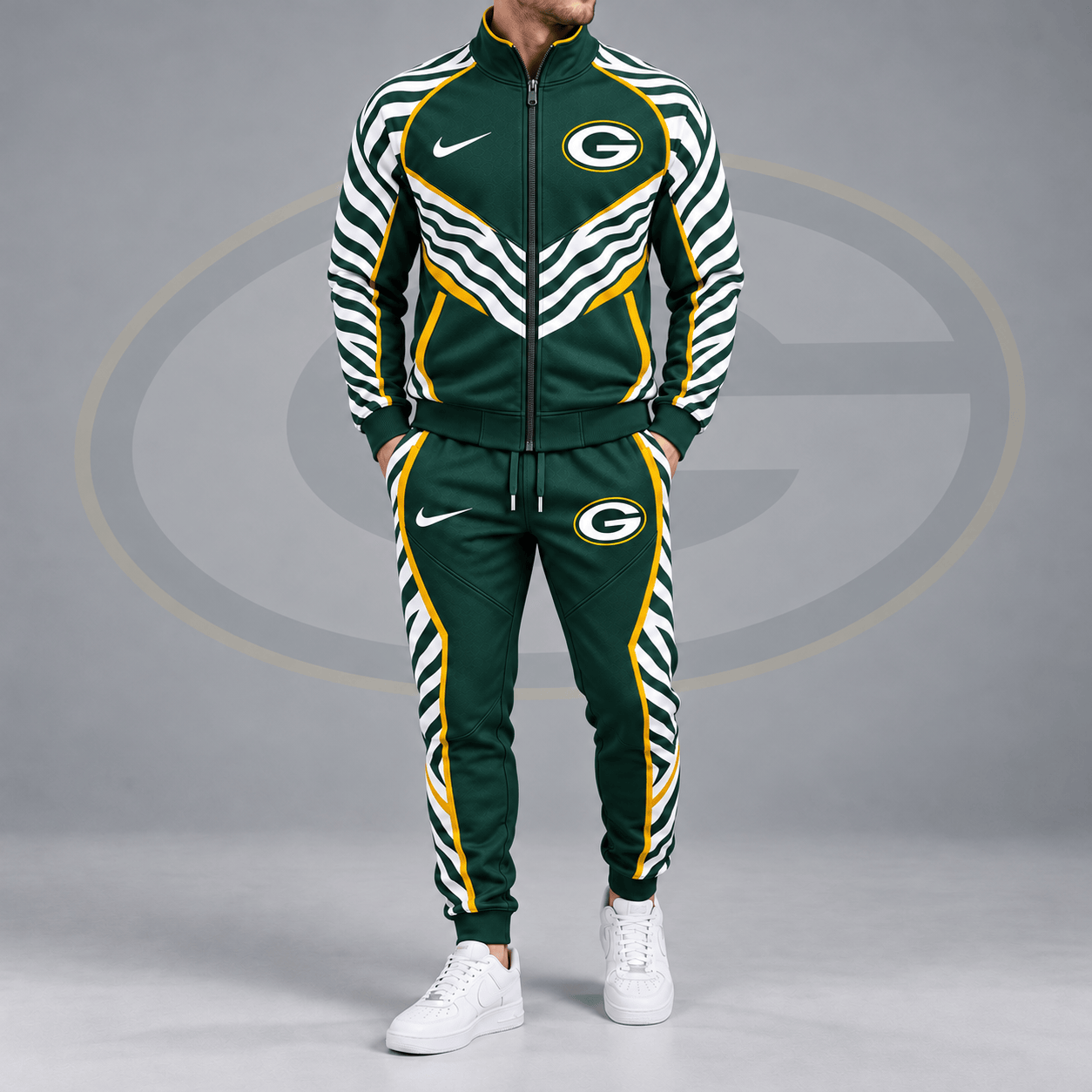 Green Bay Packers | Premium NFL Dynamic Tiger Stripe Print Full Zip Track Jacket & Matching Jogger Pants Set NDN cover