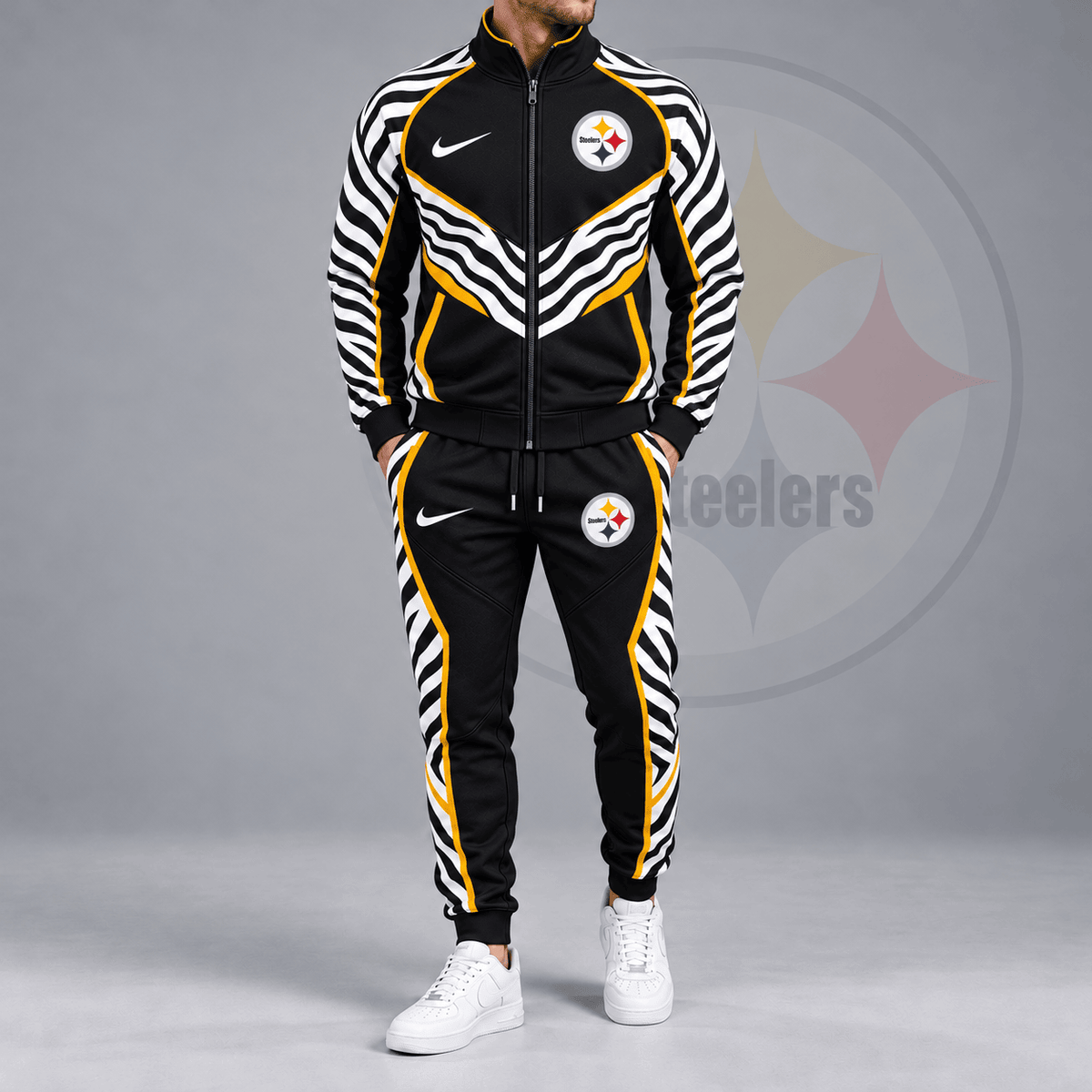 Pittsburgh Steelers | Premium NFL Dynamic Tiger Stripe Print Full Zip Track Jacket & Matching Jogger Pants Set NDN cover