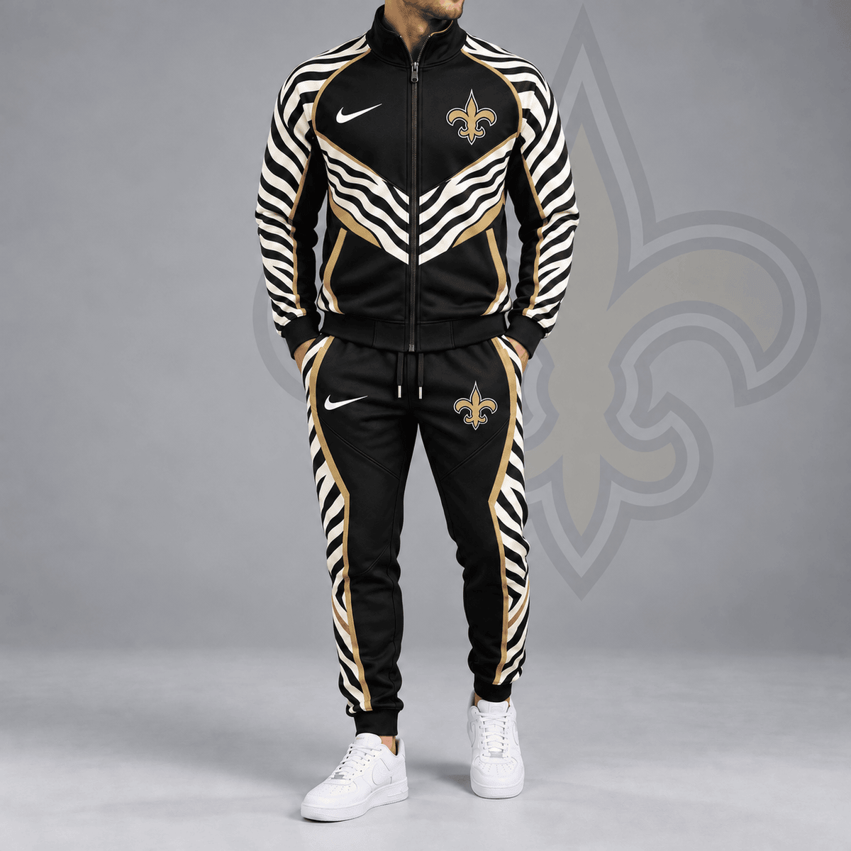 New Orleans Saints | Premium NFL Dynamic Tiger Stripe Print Full Zip Track Jacket & Matching Jogger Pants Set NDN cover