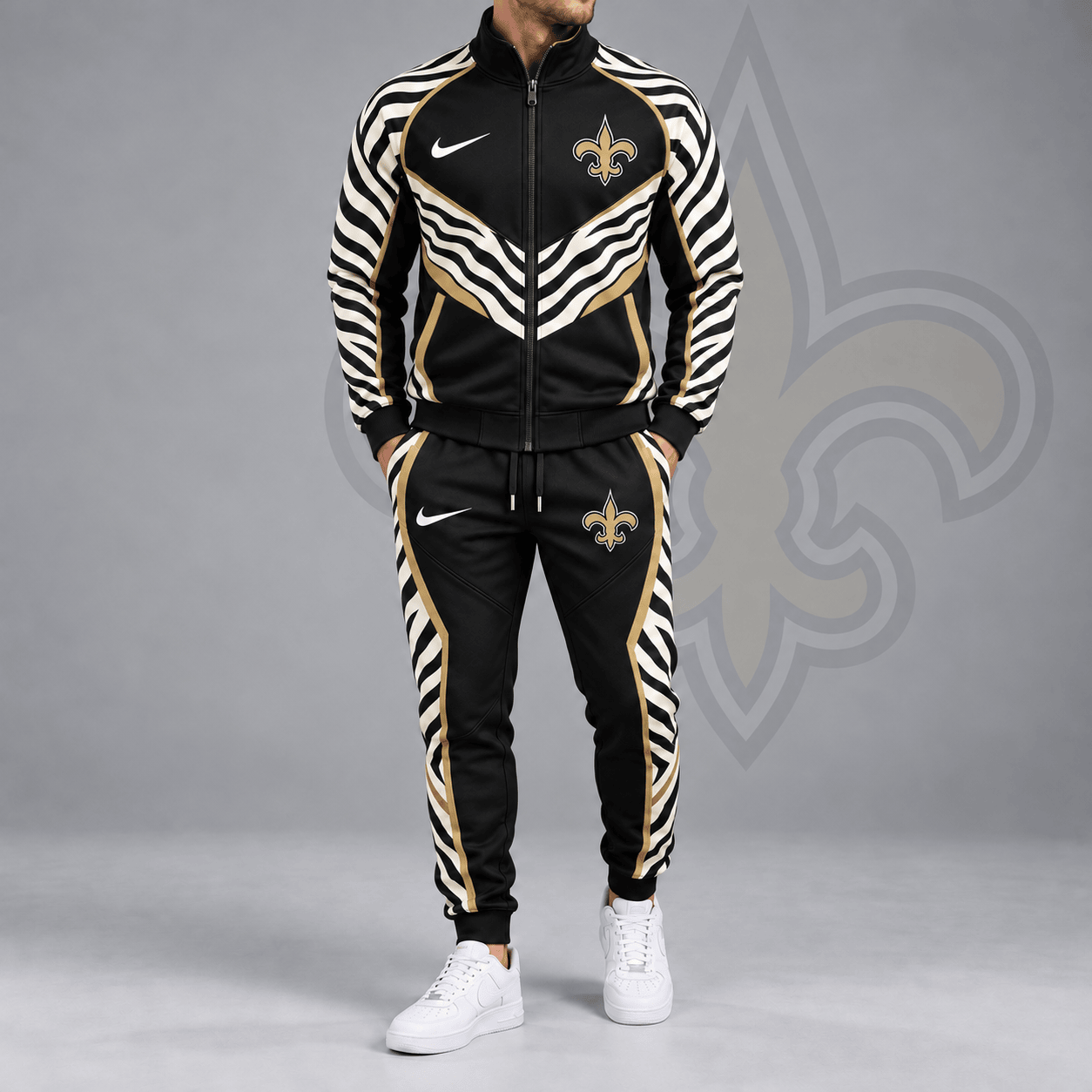 New Orleans Saints | Premium NFL Dynamic Tiger Stripe Print Full Zip Track Jacket & Matching Jogger Pants Set NDN cover