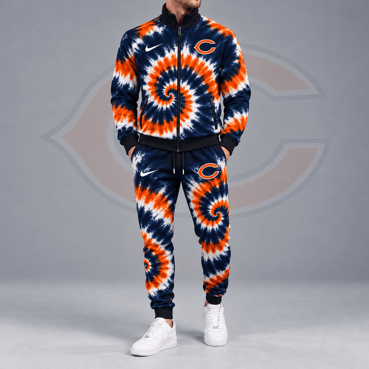 Chicago Bears | Premium NFL Spiral Tie Dye Print Stand Collar Zip Up Jacket & Matching Jogger Pants Tracksuit NDN cover