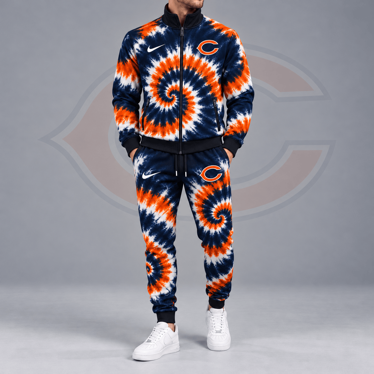 Chicago Bears | Premium NFL Spiral Tie Dye Print Stand Collar Zip Up Jacket & Matching Jogger Pants Tracksuit NDN cover