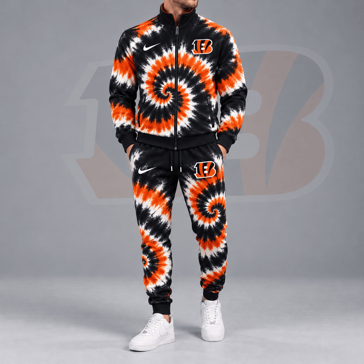 Cincinnati Bengals | Premium NFL Spiral Tie Dye Print Stand Collar Zip Up Jacket & Matching Jogger Pants Tracksuit NDN cover