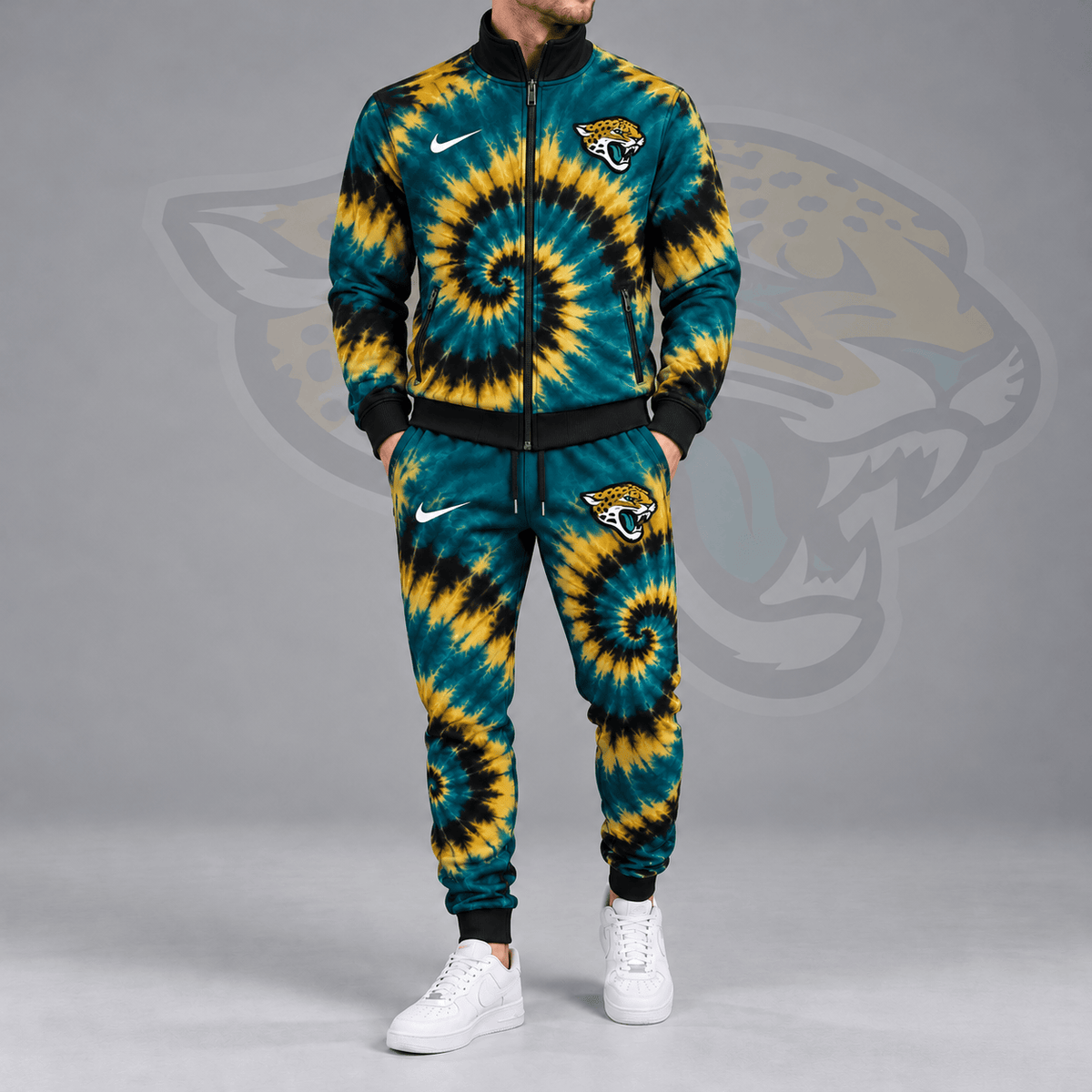 Jacksonville Jaguars | Premium NFL Spiral Tie Dye Print Stand Collar Zip Up Jacket & Matching Jogger Pants Tracksuit NDN cover