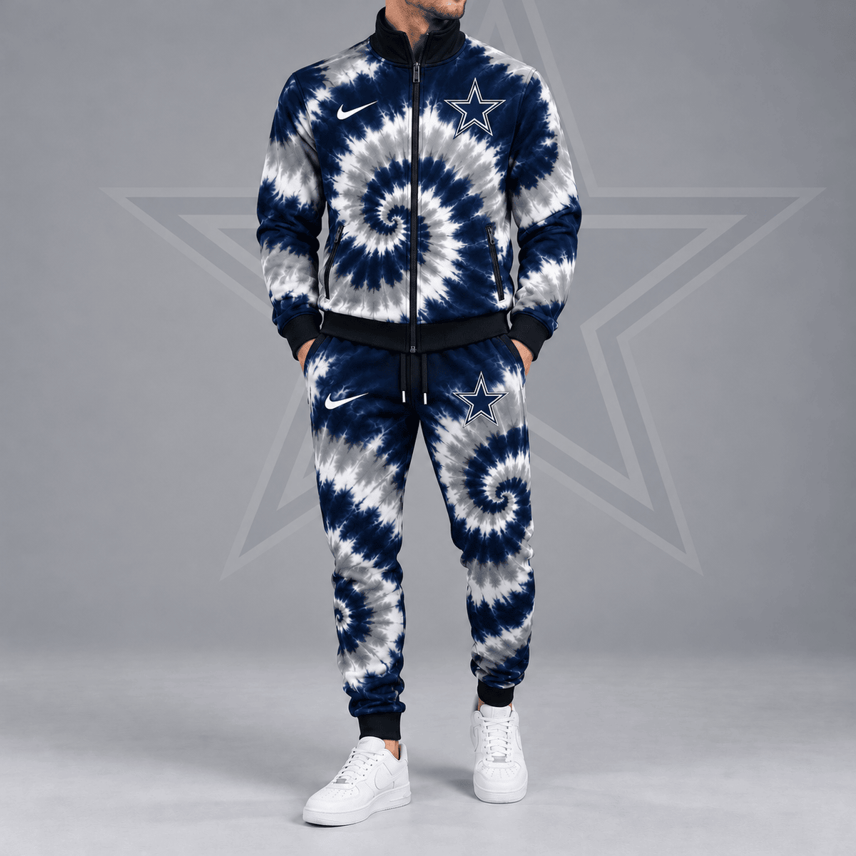 Dallas Cowboys | Premium NFL Spiral Tie Dye Print Stand Collar Zip Up Jacket & Matching Jogger Pants Tracksuit NDN cover