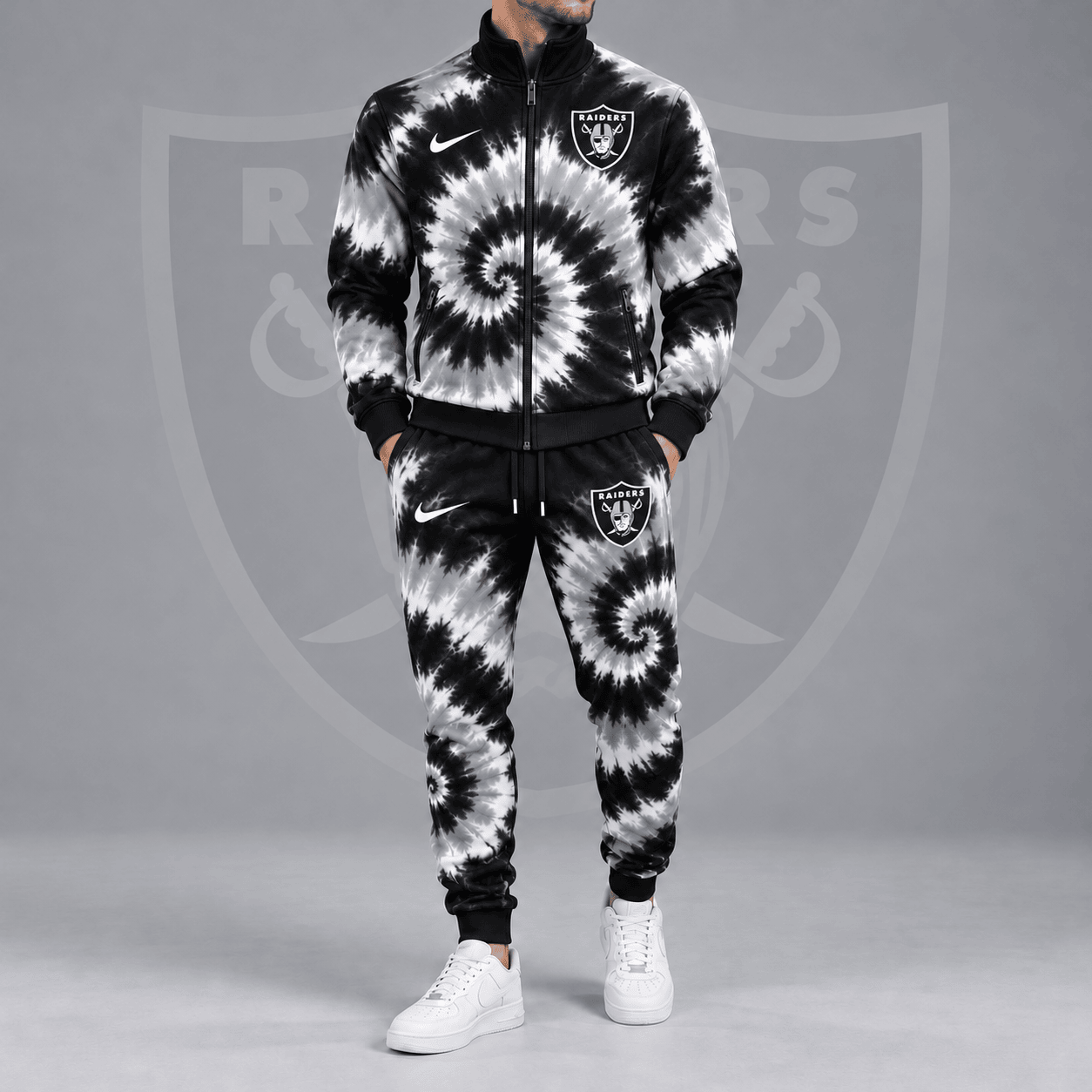 Las Vegas Raiders | Premium NFL Spiral Tie Dye Print Stand Collar Zip Up Jacket & Matching Jogger Pants Tracksuit NDN cover