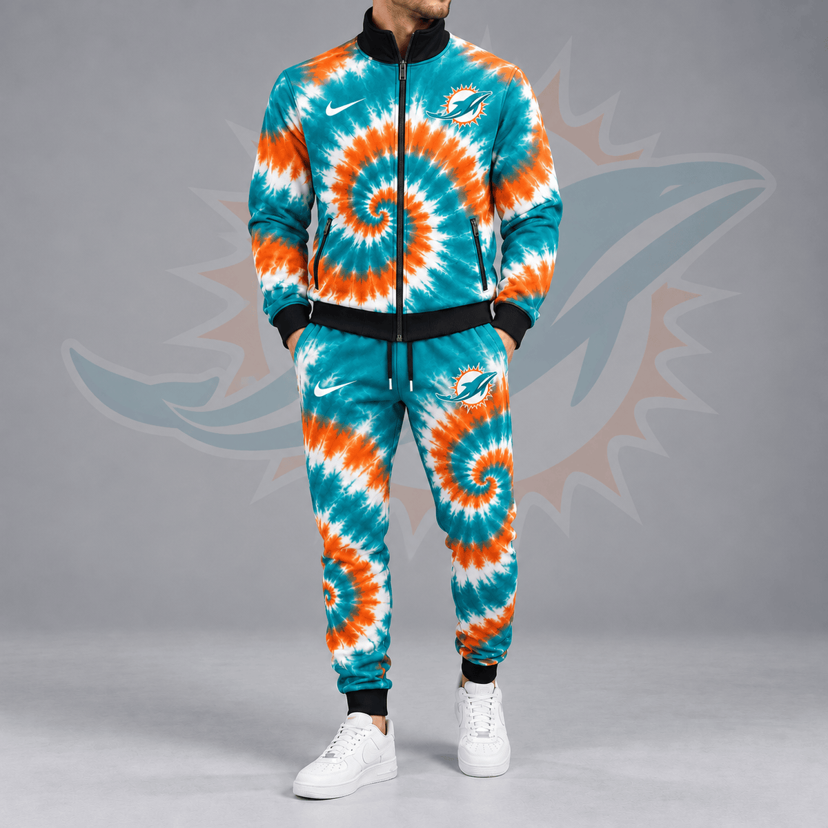 Miami Dolphins | Premium NFL Spiral Tie Dye Print Stand Collar Zip Up Jacket & Matching Jogger Pants Tracksuit NDN cover