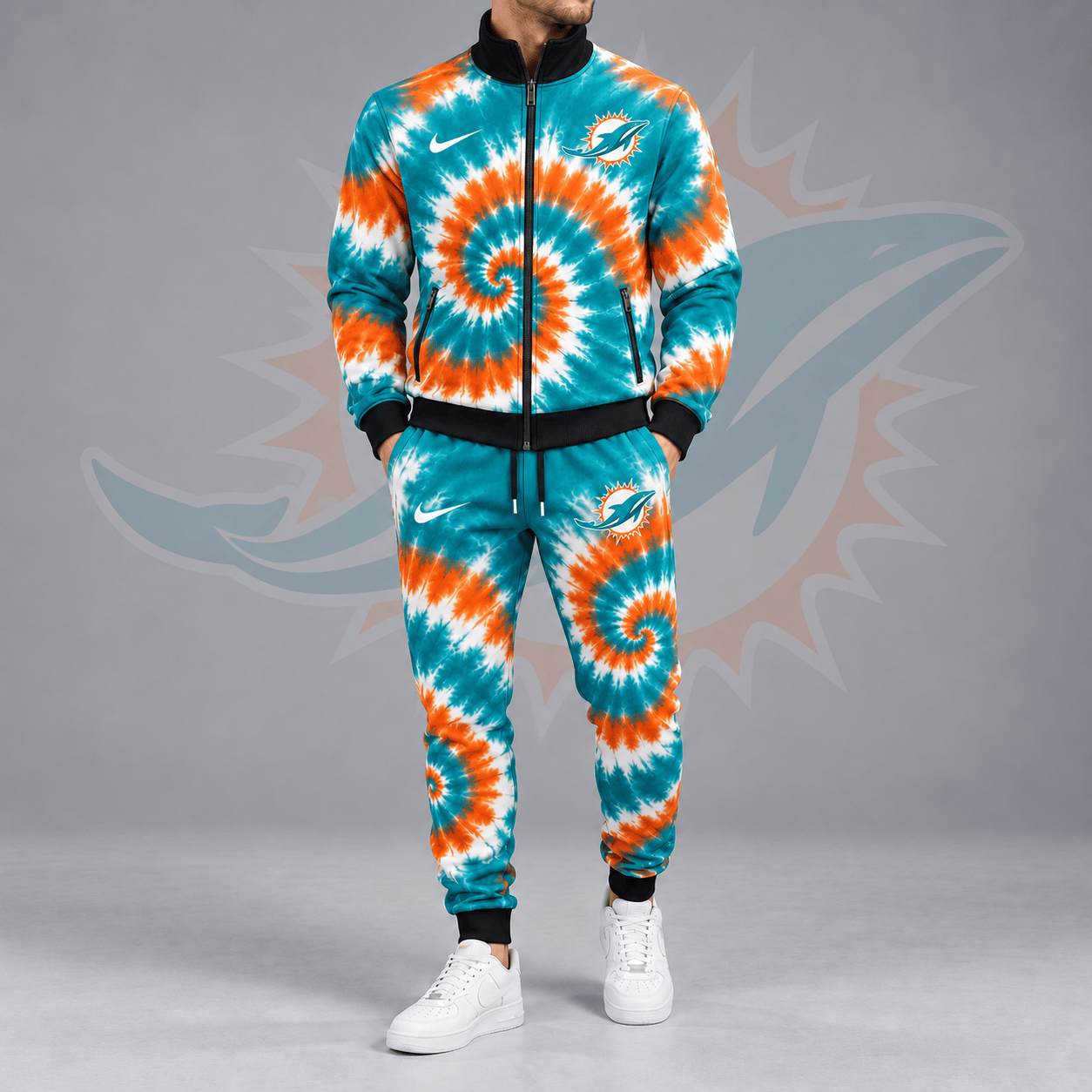Miami Dolphins | Premium NFL Spiral Tie Dye Print Stand Collar Zip Up Jacket & Matching Jogger Pants Tracksuit NDN cover