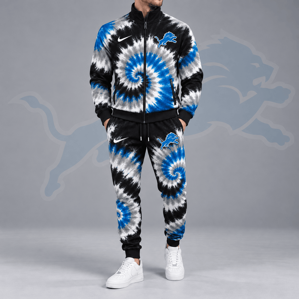 Detroit Lions | Premium NFL Spiral Tie Dye Print Stand Collar Zip Up Jacket & Matching Jogger Pants Tracksuit NDN cover