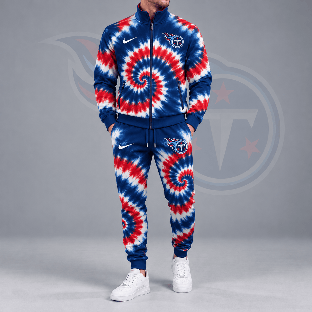 Tennessee Titans | Premium NFL Spiral Tie Dye Print Stand Collar Zip Up Jacket & Matching Jogger Pants Tracksuit NDN cover