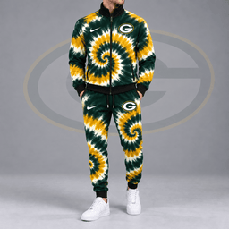 Green Bay Packers | Premium NFL Spiral Tie Dye Print Stand Collar Zip Up Jacket & Matching Jogger Pants Tracksuit NDN cover