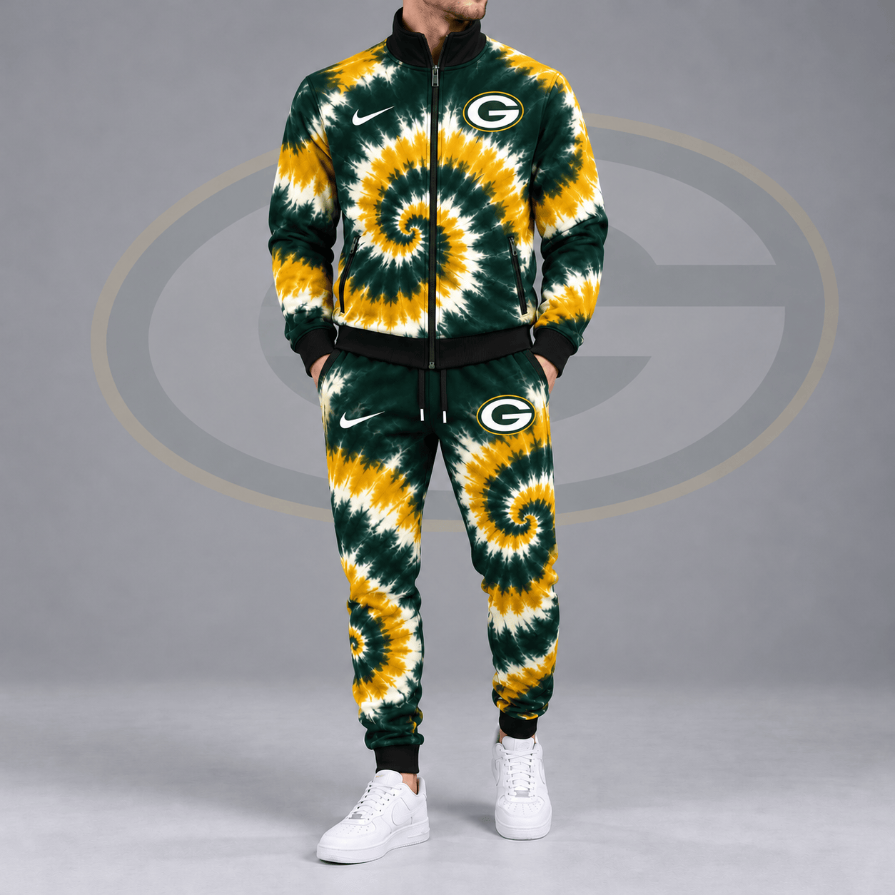 Green Bay Packers | Premium NFL Spiral Tie Dye Print Stand Collar Zip Up Jacket & Matching Jogger Pants Tracksuit NDN cover