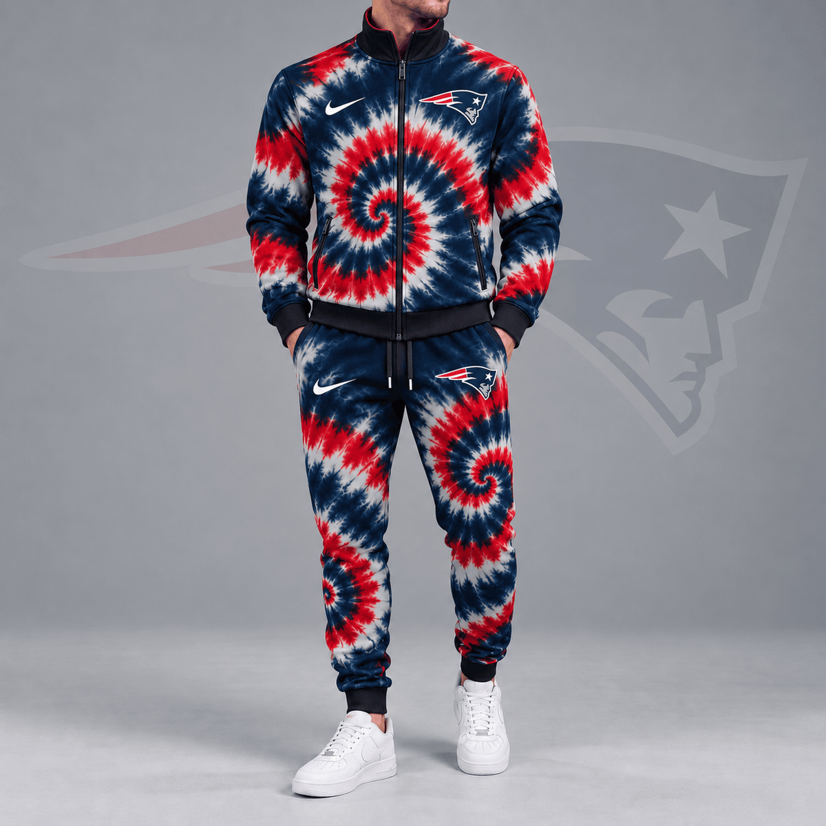 New England Patriots | Premium NFL Spiral Tie Dye Print Stand Collar Zip Up Jacket & Matching Jogger Pants Tracksuit NDN cover