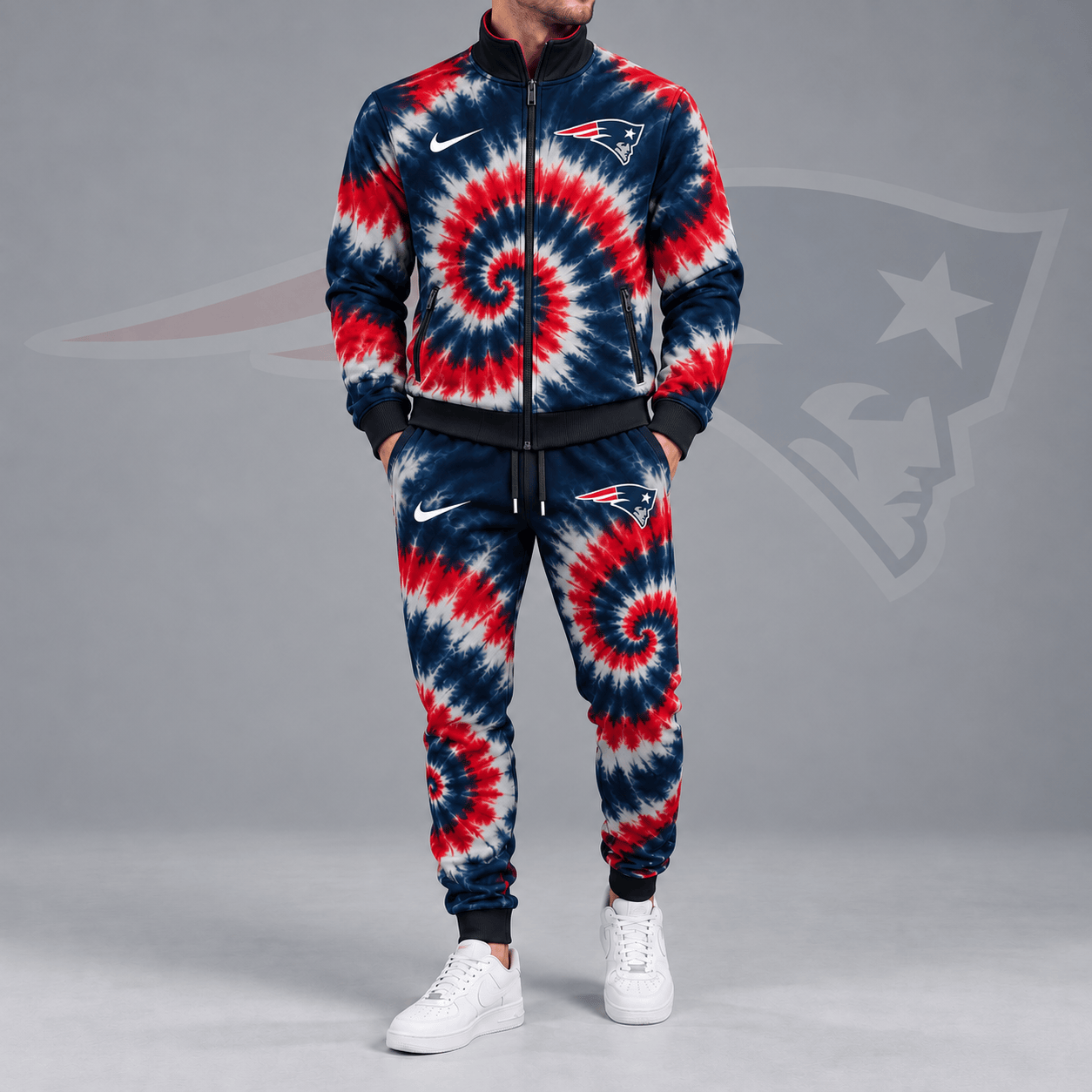 New England Patriots | Premium NFL Spiral Tie Dye Print Stand Collar Zip Up Jacket & Matching Jogger Pants Tracksuit NDN cover