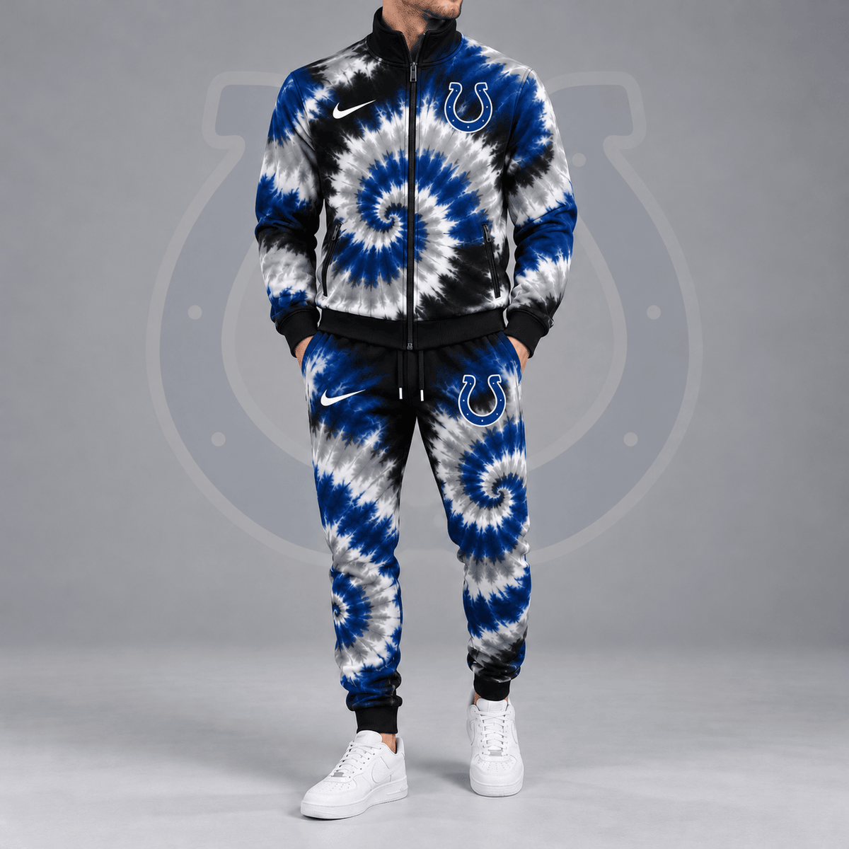 Indianapolis Colts | Premium NFL Spiral Tie Dye Print Stand Collar Zip Up Jacket & Matching Jogger Pants Tracksuit NDN cover