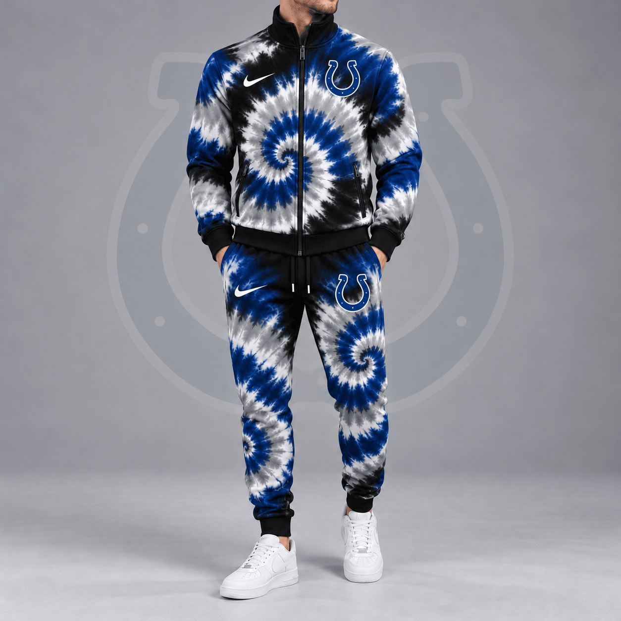 Indianapolis Colts | Premium NFL Spiral Tie Dye Print Stand Collar Zip Up Jacket & Matching Jogger Pants Tracksuit NDN cover