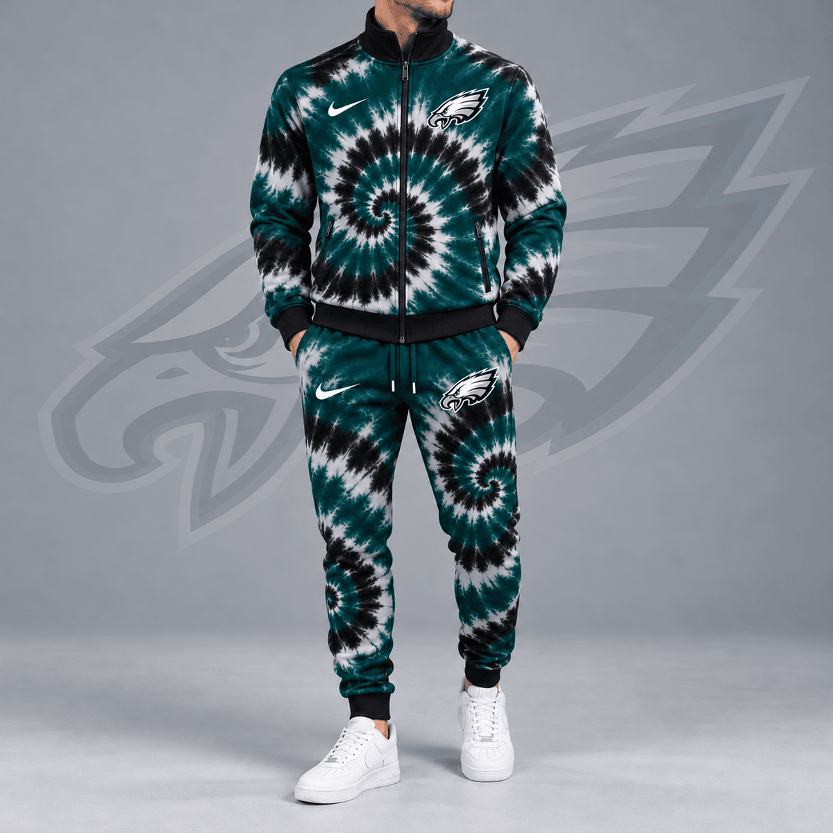 Philadelphia Eagles | Premium NFL Spiral Tie Dye Print Stand Collar Zip Up Jacket & Matching Jogger Pants Tracksuit NDN cover