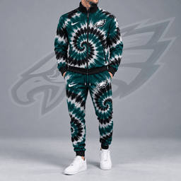 Philadelphia Eagles | Premium NFL Spiral Tie Dye Print Stand Collar Zip Up Jacket & Matching Jogger Pants Tracksuit NDN cover