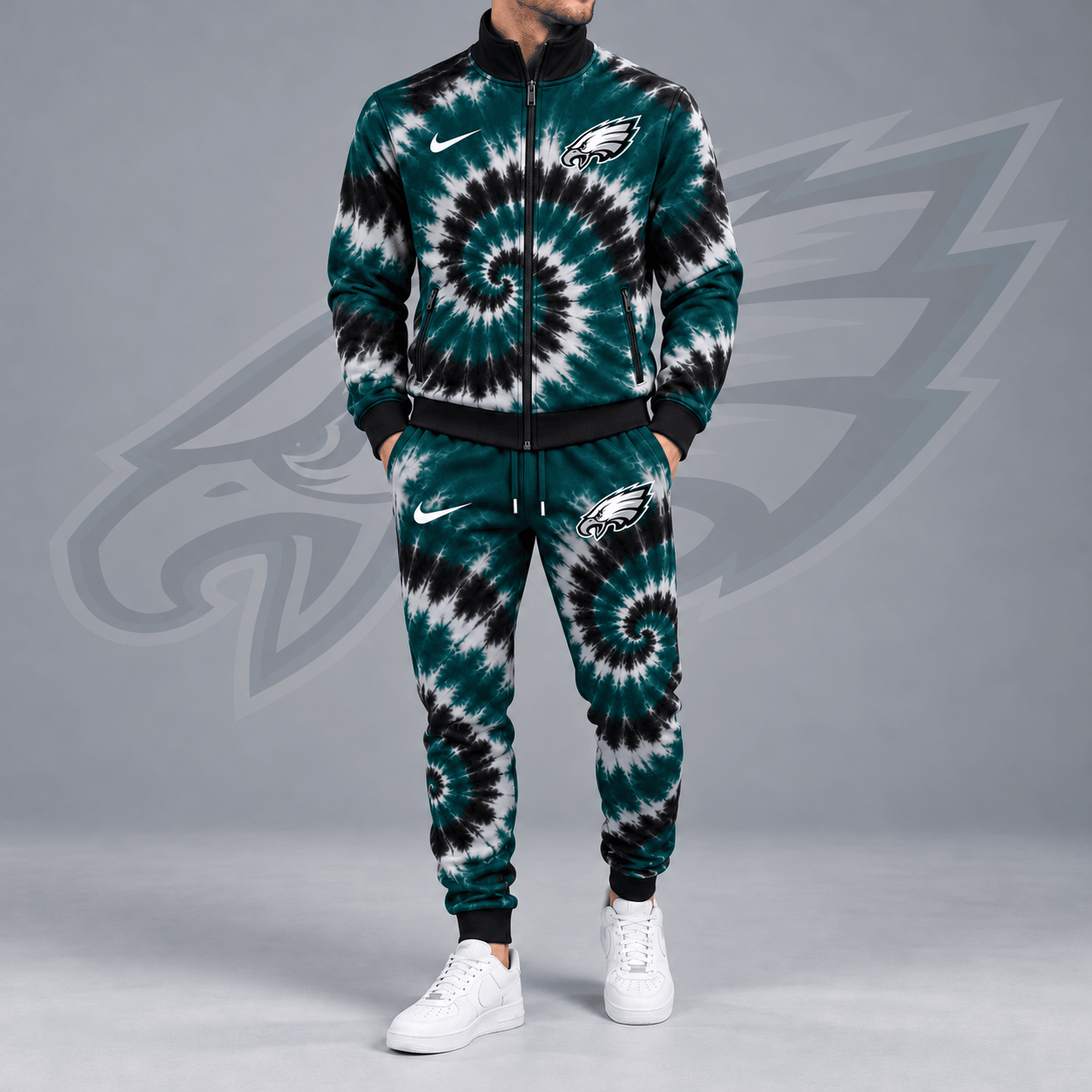 Philadelphia Eagles | Premium NFL Spiral Tie Dye Print Stand Collar Zip Up Jacket & Matching Jogger Pants Tracksuit NDN cover