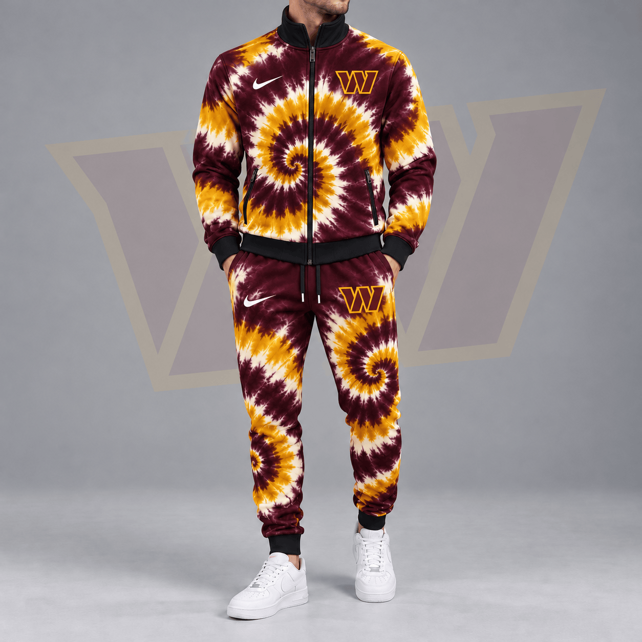 Washington Commanders | Premium NFL Spiral Tie Dye Print Stand Collar Zip Up Jacket & Matching Jogger Pants Tracksuit NDN cover