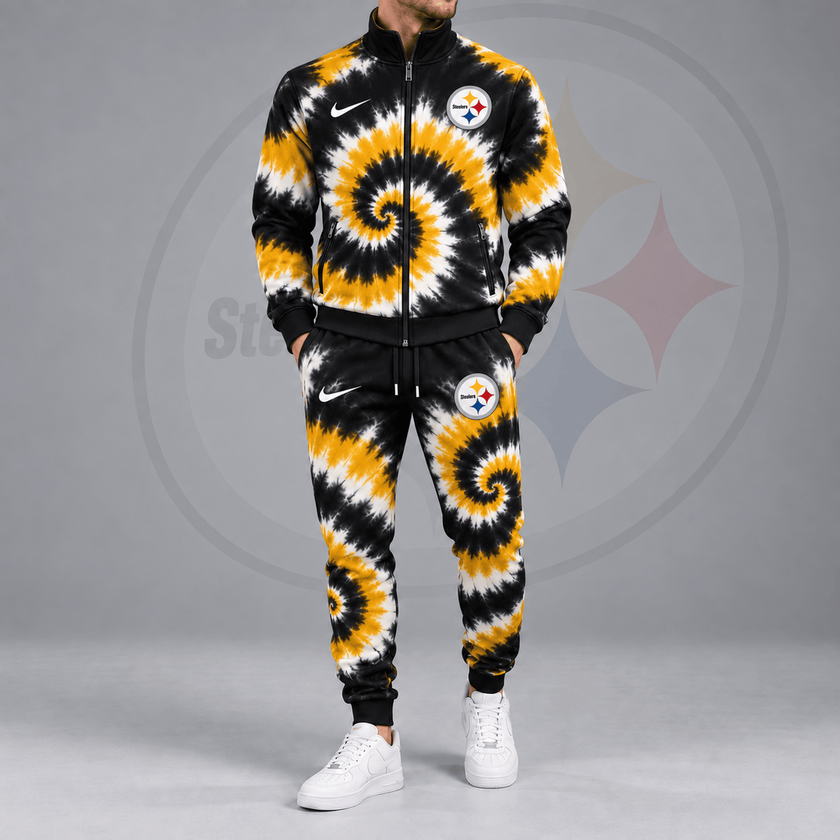Pittsburgh Steelers | Premium NFL Spiral Tie Dye Print Stand Collar Zip Up Jacket & Matching Jogger Pants Tracksuit NDN cover