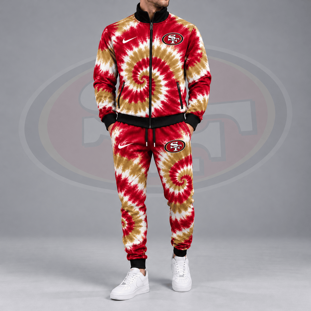 San Francisco 49ers | Premium NFL Spiral Tie Dye Print Stand Collar Zip Up Jacket & Matching Jogger Pants Tracksuit NDN cover