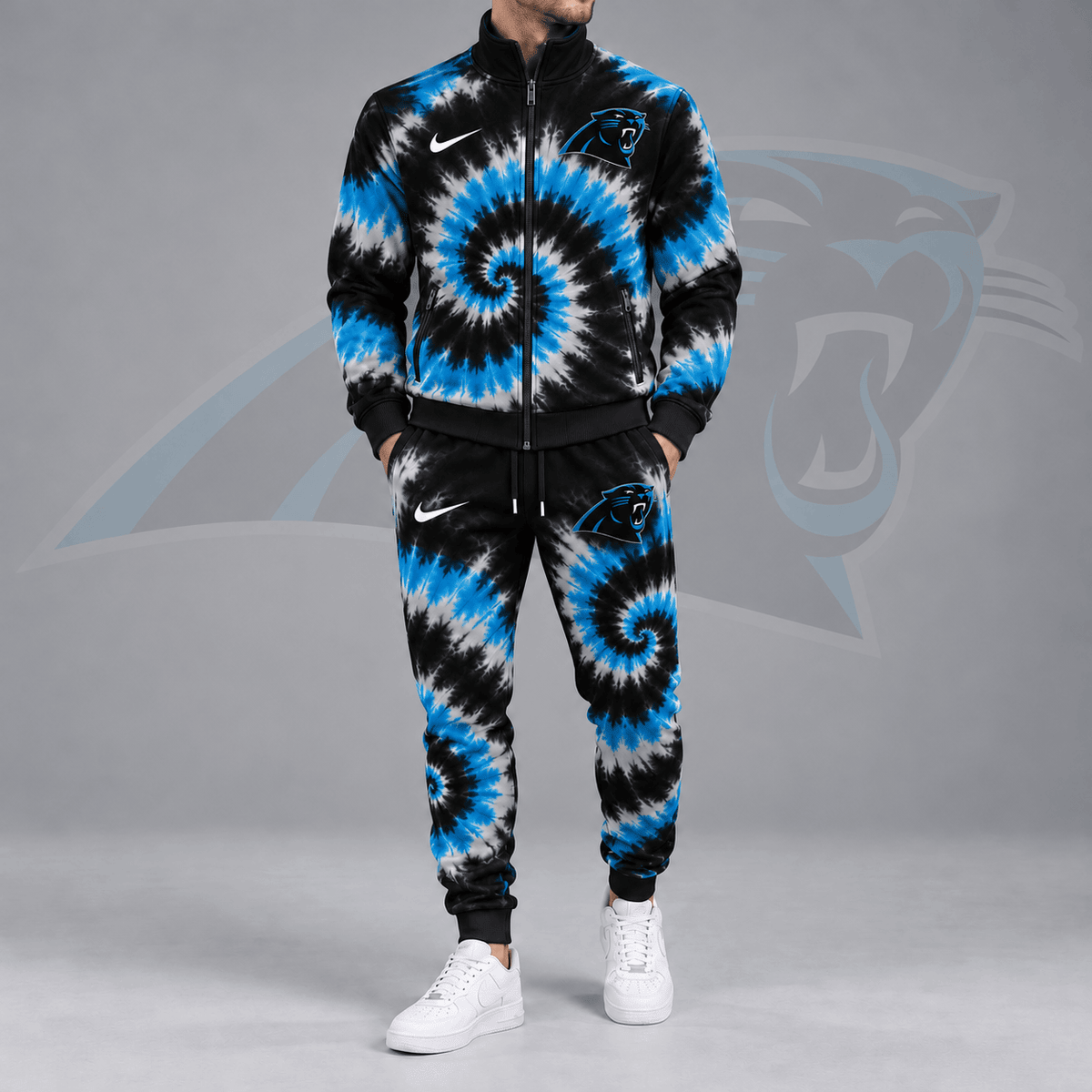 Carolina Panthers | Premium NFL Spiral Tie Dye Print Stand Collar Zip Up Jacket & Matching Jogger Pants Tracksuit NDN cover