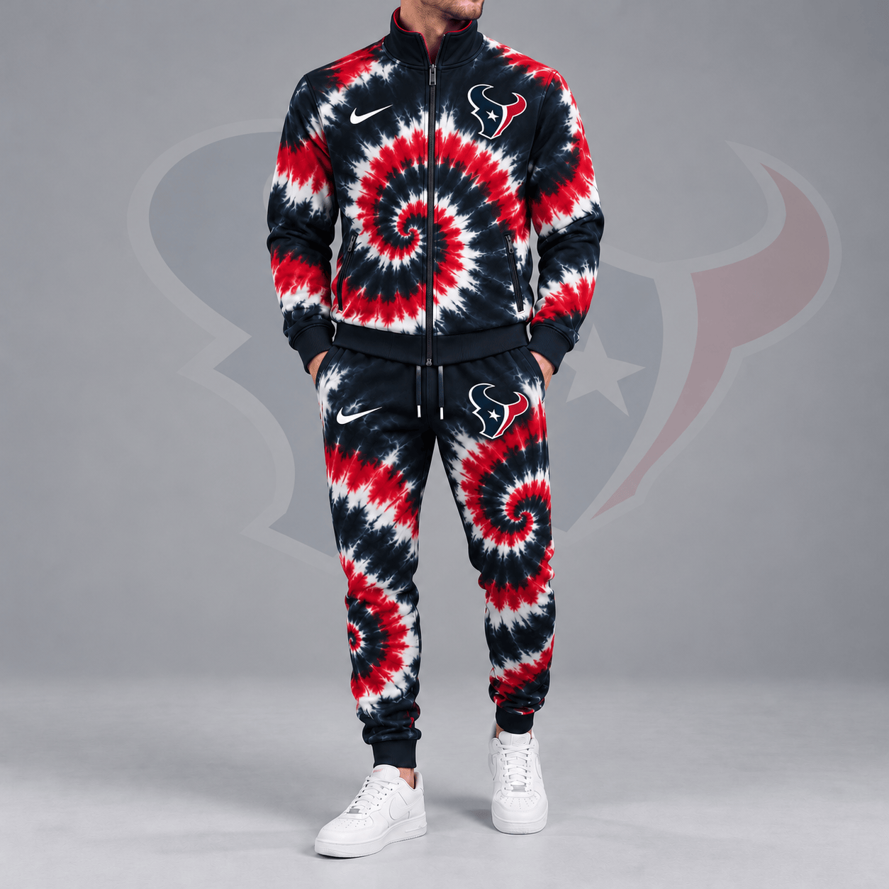 Houston Texans | Premium NFL Spiral Tie Dye Print Stand Collar Zip Up Jacket & Matching Jogger Pants Tracksuit NDN cover