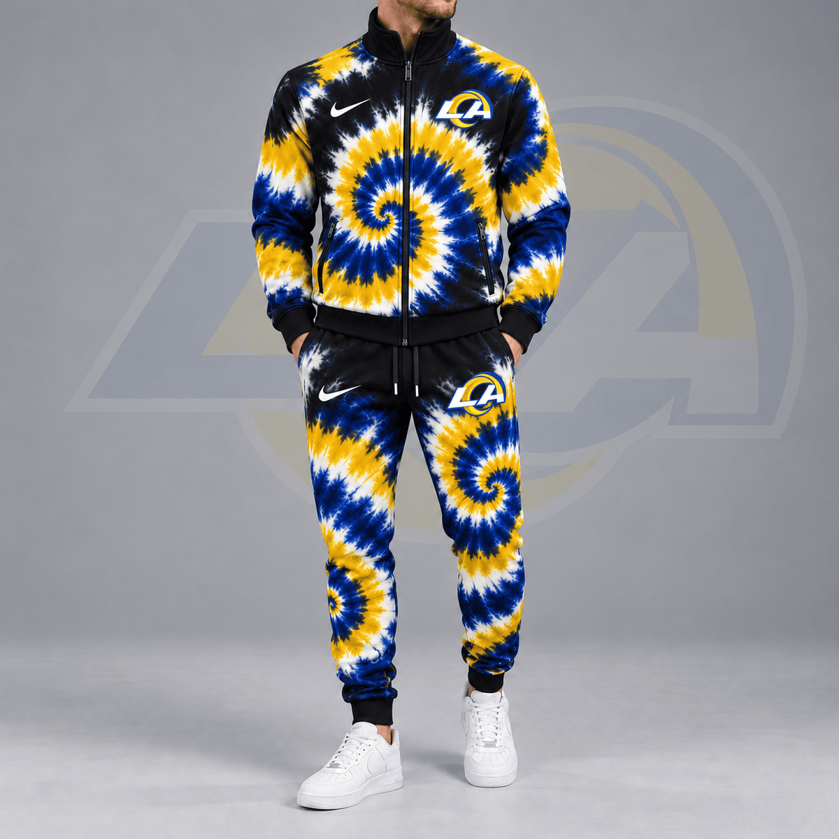 Los Angeles Rams | Premium NFL Spiral Tie Dye Print Stand Collar Zip Up Jacket & Matching Jogger Pants Tracksuit NDN cover