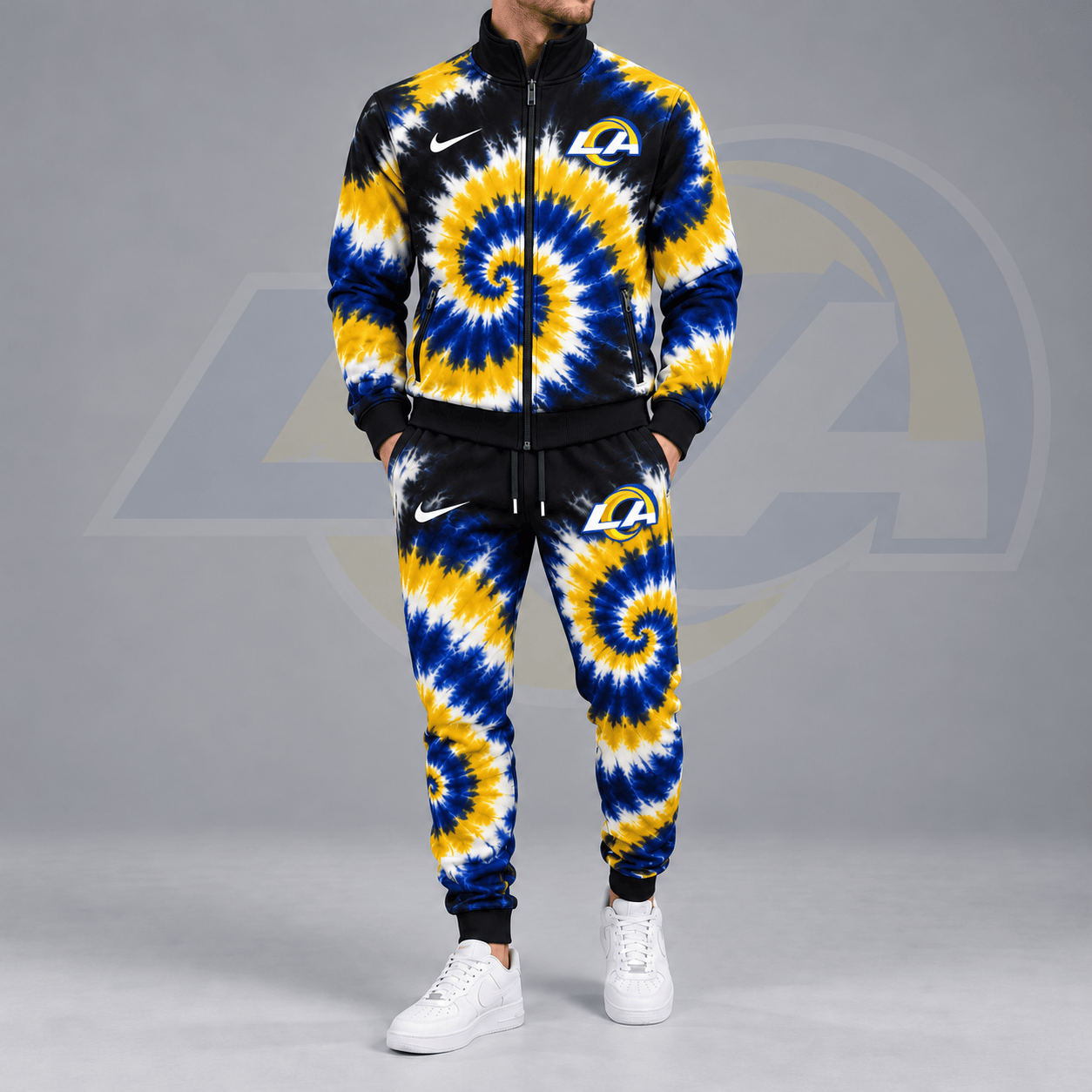 Los Angeles Rams | Premium NFL Spiral Tie Dye Print Stand Collar Zip Up Jacket & Matching Jogger Pants Tracksuit NDN cover