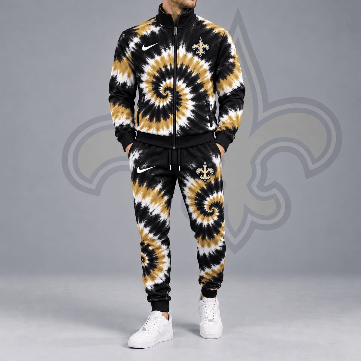 New Orleans Saints | Premium NFL Spiral Tie Dye Print Stand Collar Zip Up Jacket & Matching Jogger Pants Tracksuit NDN cover