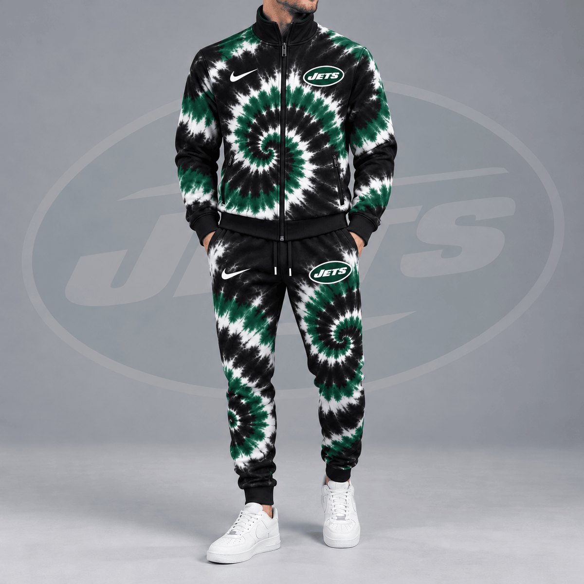New York Jets | Premium NFL Spiral Tie Dye Print Stand Collar Zip Up Jacket & Matching Jogger Pants Tracksuit NDN cover