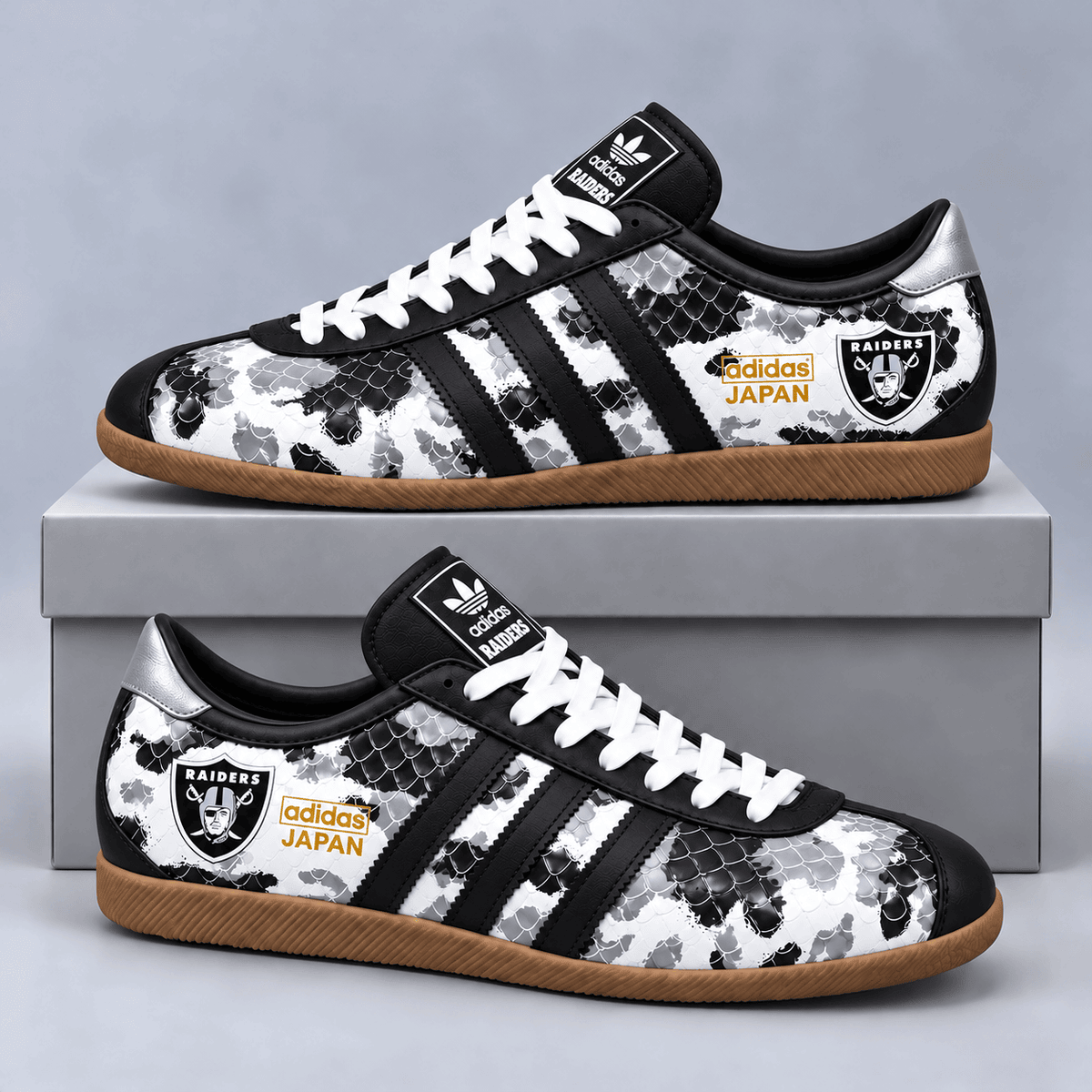 Las Vegas Raiders | Premium NFL Japan Edition Abstract Floral Print Three Stripe Low Top Gum Sole Casual Sneakers NDN cover