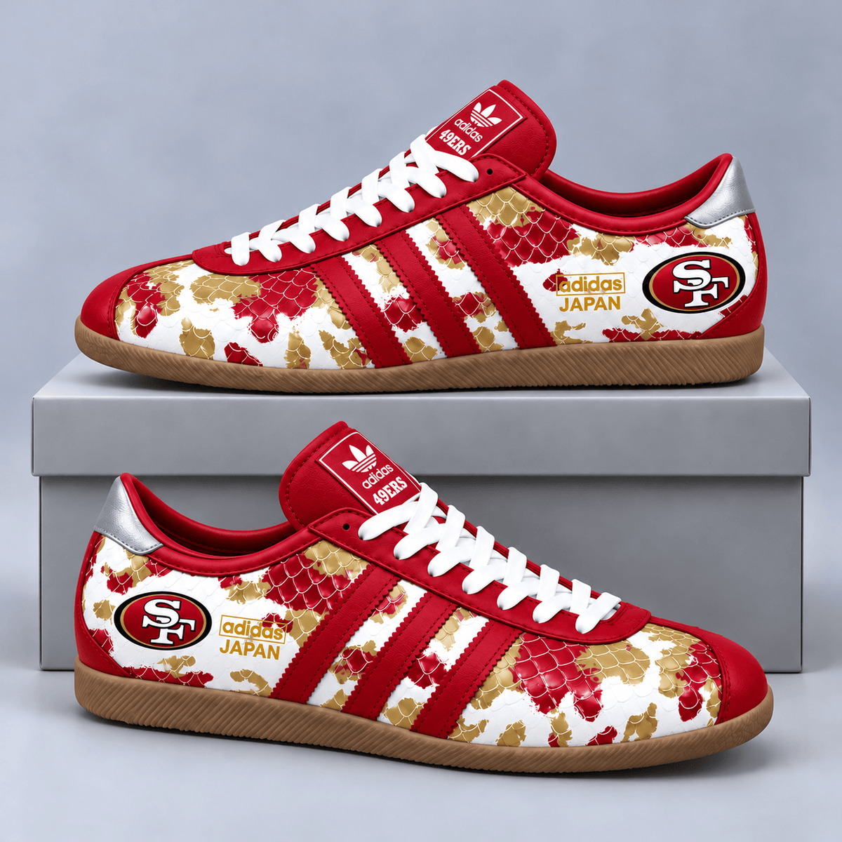 San Francisco 49ers | Premium NFL Japan Edition Abstract Floral Print Three Stripe Low Top Gum Sole Casual Sneakers NDN cover