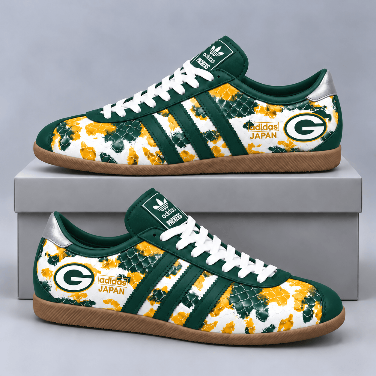 Green Bay Packers | Premium NFL Japan Edition Abstract Floral Print Three Stripe Low Top Gum Sole Casual Sneakers NDN cover