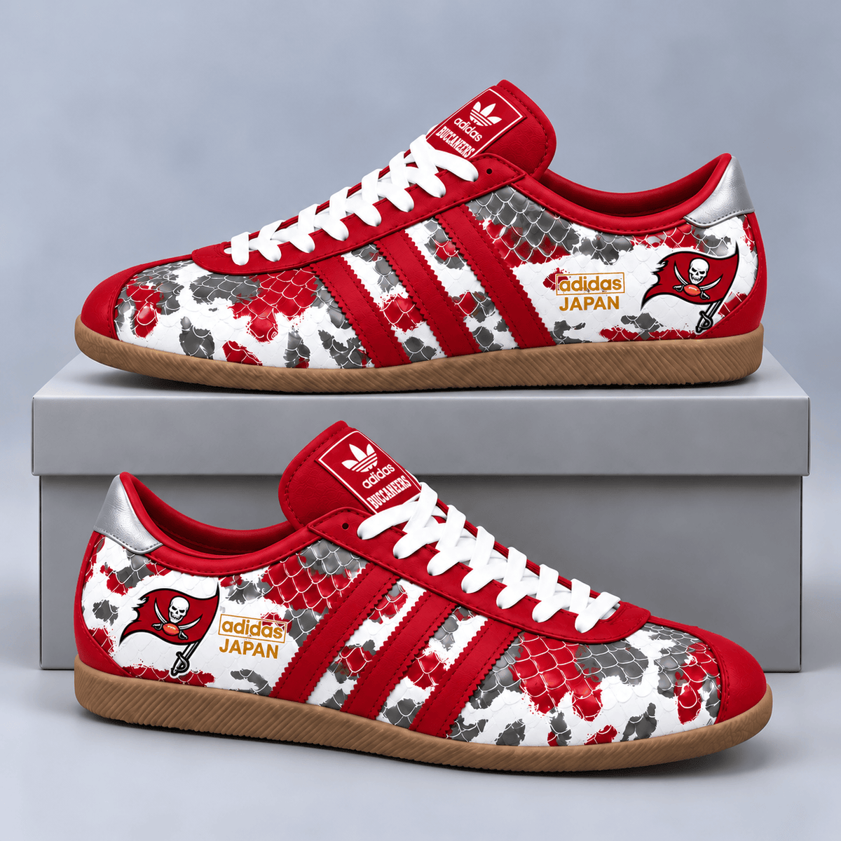 Tampa Bay Buccaneers | Premium NFL Japan Edition Abstract Floral Print Three Stripe Low Top Gum Sole Casual Sneakers NDN cover