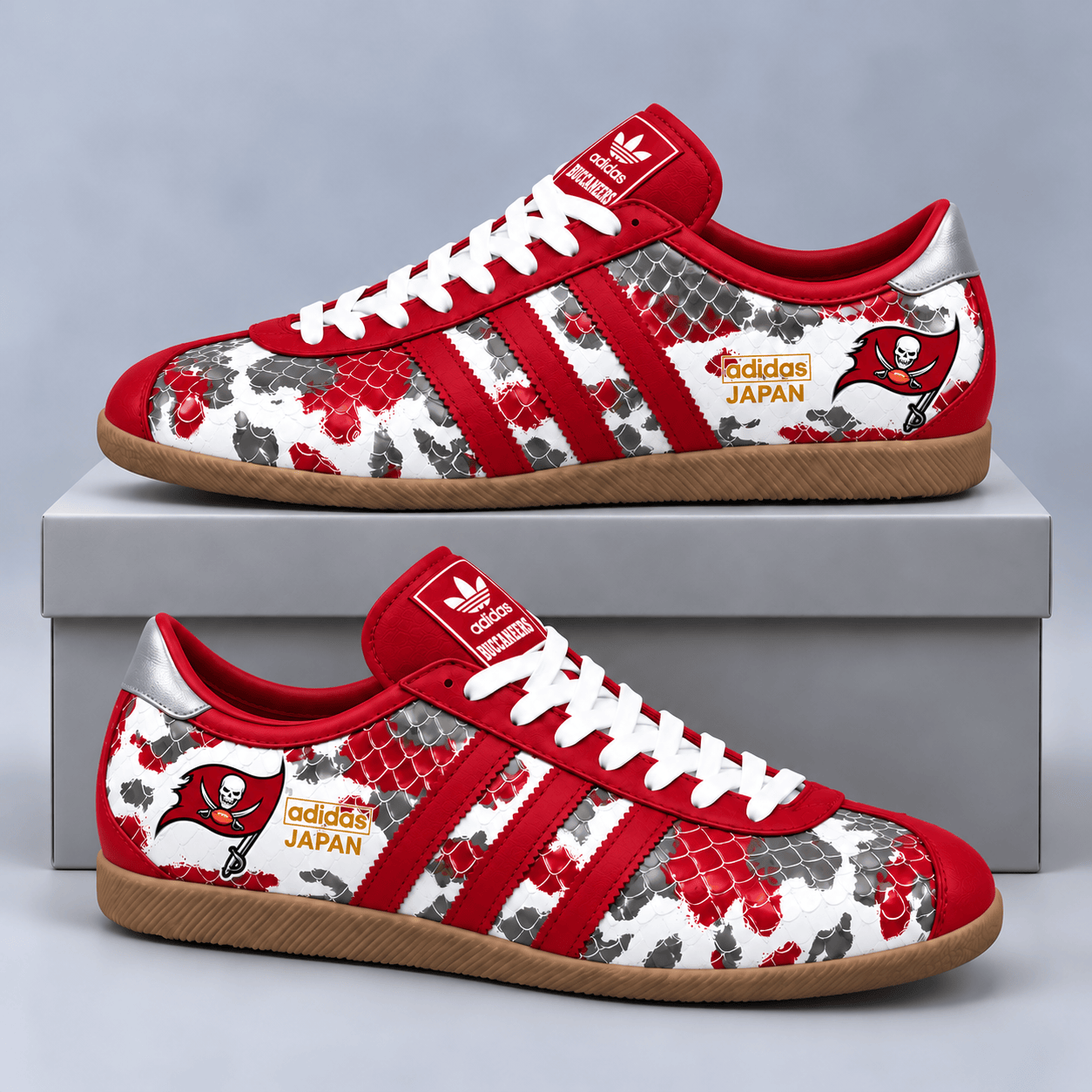 Tampa Bay Buccaneers | Premium NFL Japan Edition Abstract Floral Print Three Stripe Low Top Gum Sole Casual Sneakers NDN cover