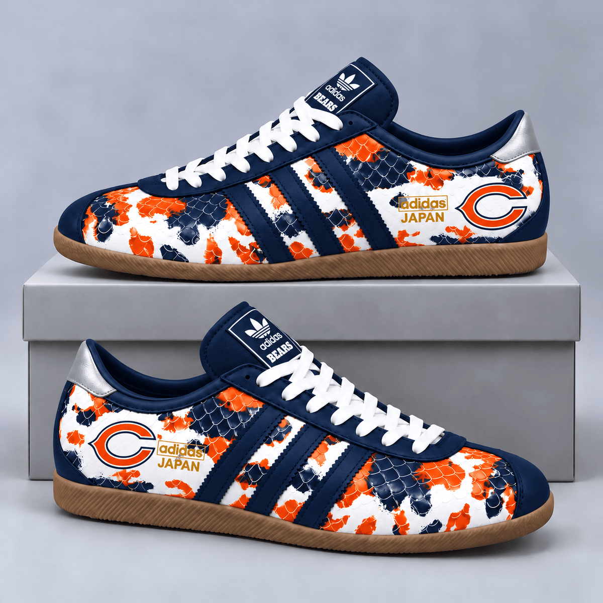 Chicago Bears | Premium NFL Japan Edition Abstract Floral Print Three Stripe Low Top Gum Sole Casual Sneakers NDN cover