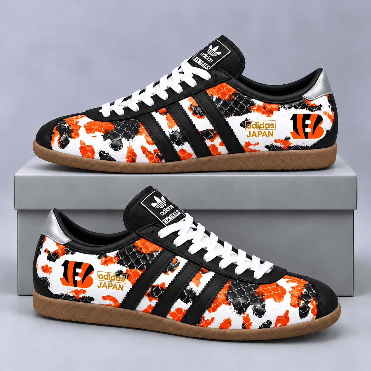 Cincinnati Bengals | Premium NFL Japan Edition Abstract Floral Print Three Stripe Low Top Gum Sole Casual Sneakers NDN cover