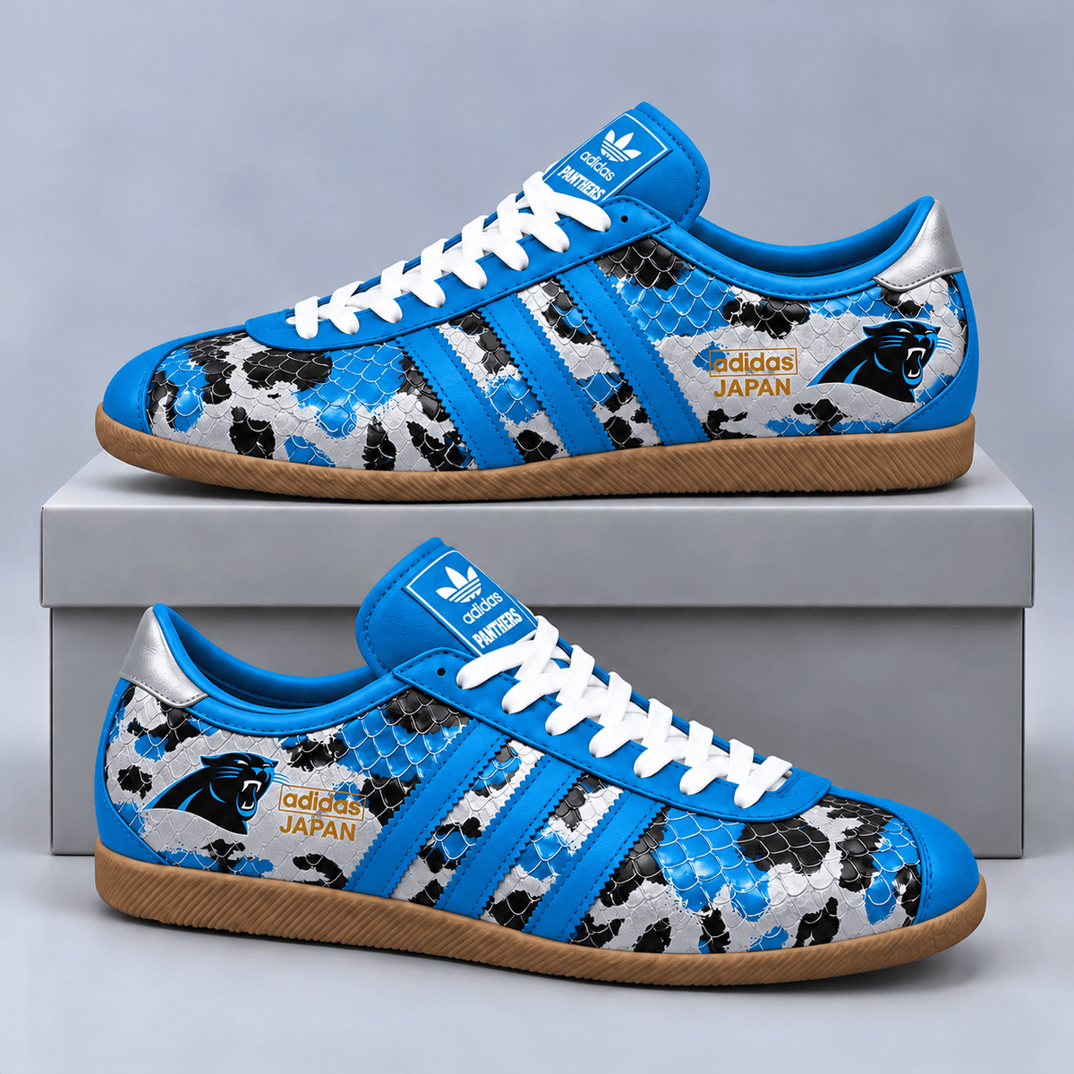 Carolina Panthers | Premium NFL Japan Edition Abstract Floral Print Three Stripe Low Top Gum Sole Casual Sneakers NDN cover