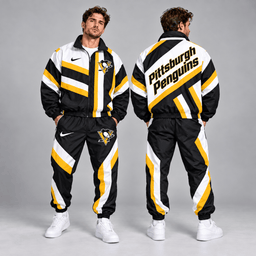 Pittsburgh Penguins | Premium NHL Dynamic Diagonal Stripe Full Zip Windbreaker Tracksuit Jacket and Jogger Pants Set NDN cover
