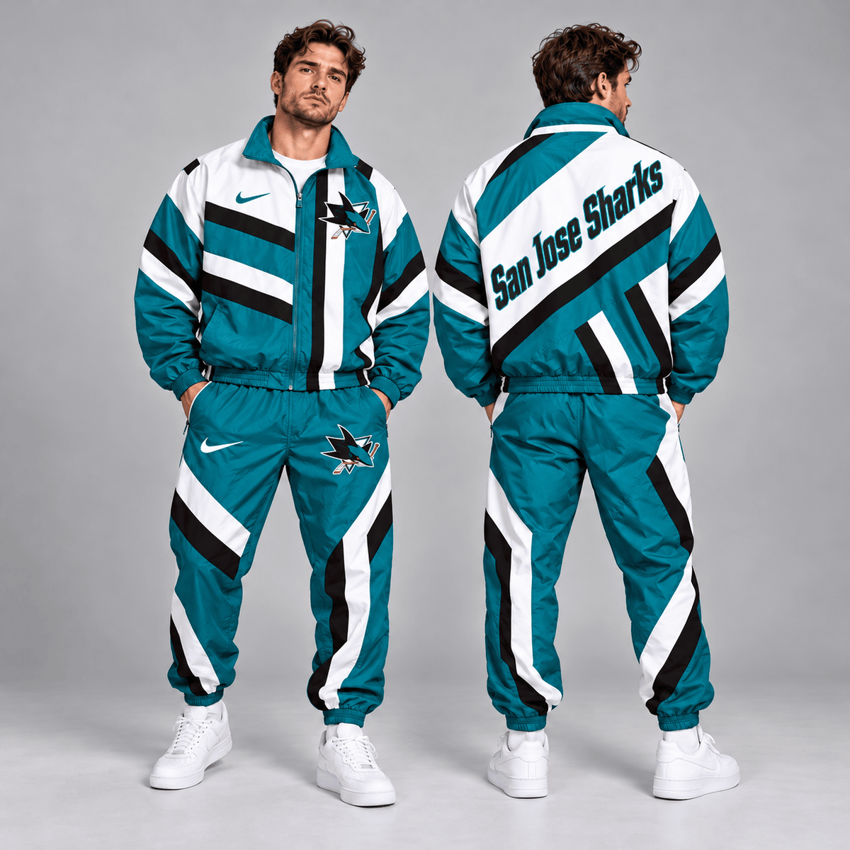 San Jose Sharks | Premium NHL Dynamic Diagonal Stripe Full Zip Windbreaker Tracksuit Jacket and Jogger Pants Set NDN cover