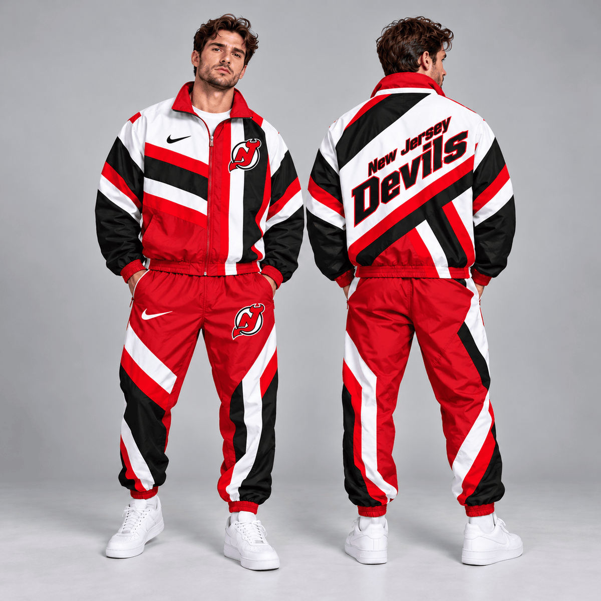 New Jersey Devils | Premium NHL Dynamic Diagonal Stripe Full Zip Windbreaker Tracksuit Jacket and Jogger Pants Set NDN cover