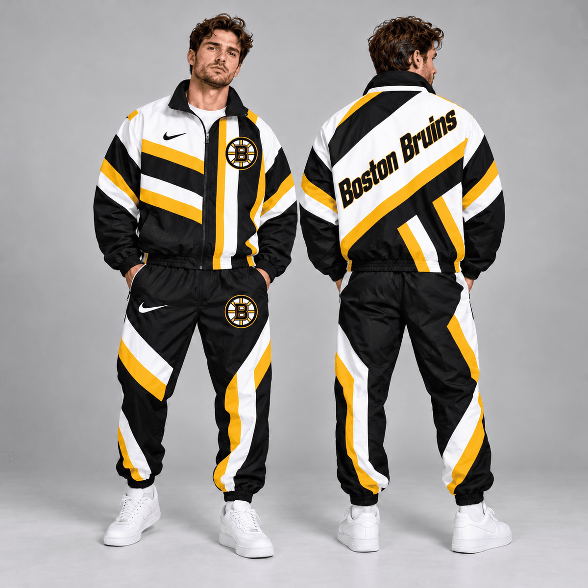 Boston Bruins | Premium NHL Dynamic Diagonal Stripe Full Zip Windbreaker Tracksuit Jacket and Jogger Pants Set NDN cover