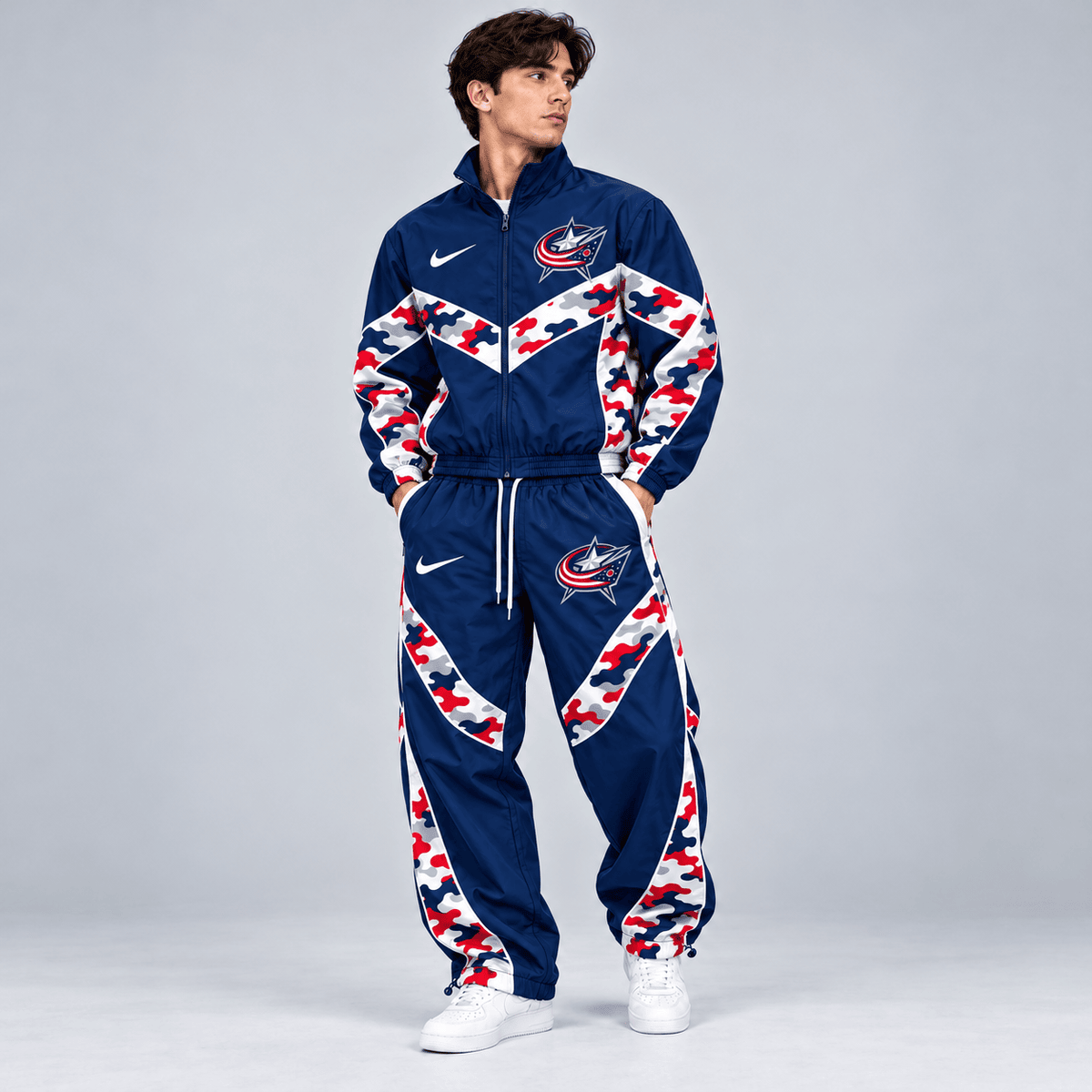 Columbus Blue Jackets | Premium NHL Urban Camo Chevron Full Zip Windbreaker Jacket and Matching Jogger Pants Tracksuit Set NDN cover