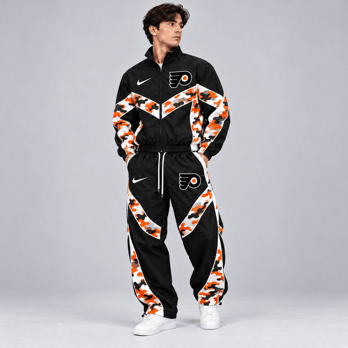 Philadelphia Flyers | Premium NHL Urban Camo Chevron Full Zip Windbreaker Jacket and Matching Jogger Pants Tracksuit Set NDN cover