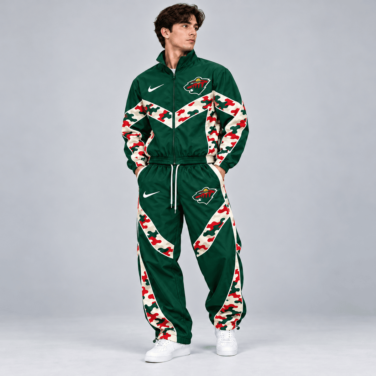 Minnesota Wild | Premium NHL Urban Camo Chevron Full Zip Windbreaker Jacket and Matching Jogger Pants Tracksuit Set NDN cover